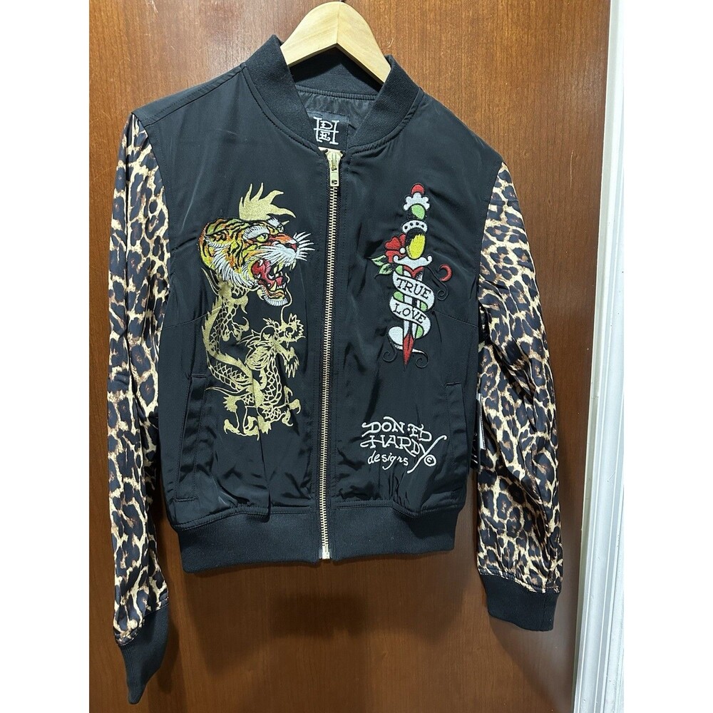 NWT Ed Hardy Y2K Bomber Jacket Tiger Dagger Souvenir Leopard Sleeves Size S New - Picture 12 of 16
